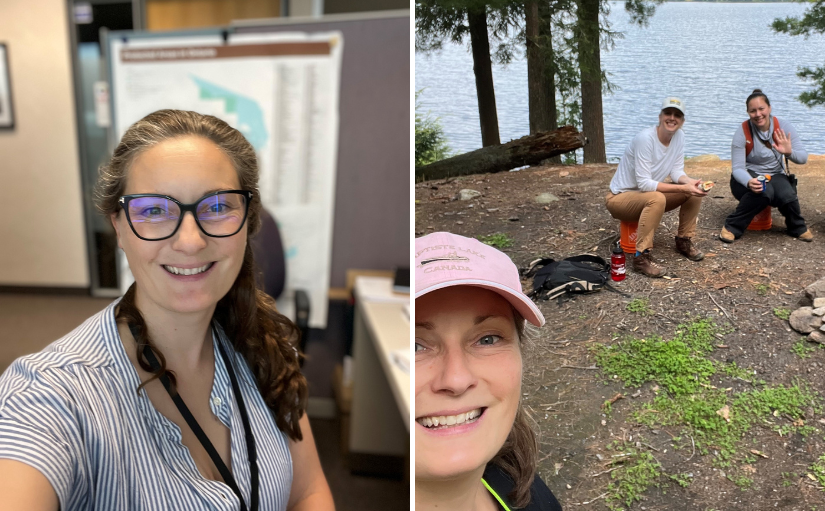 collage of staff in cubicle, selfie on campsite with two other people