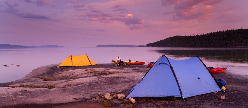 tent on sunset lake