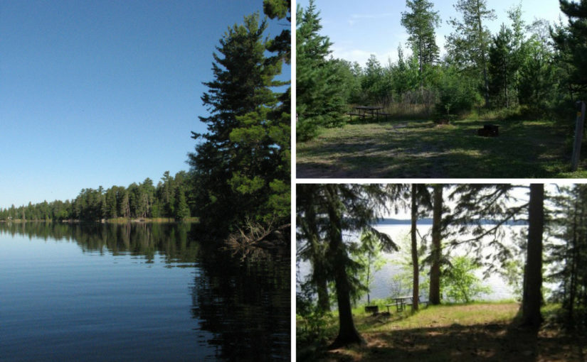 Shoreline landscape with two images of campsites