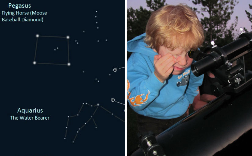 Constellation illustration and a child looking into a telescope