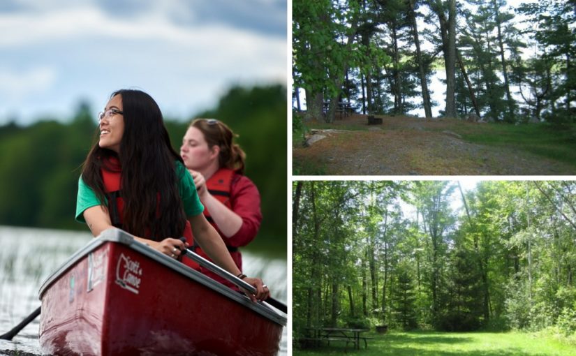 Three images - two campsites, and one larger pic of two girls paddling a red canoe