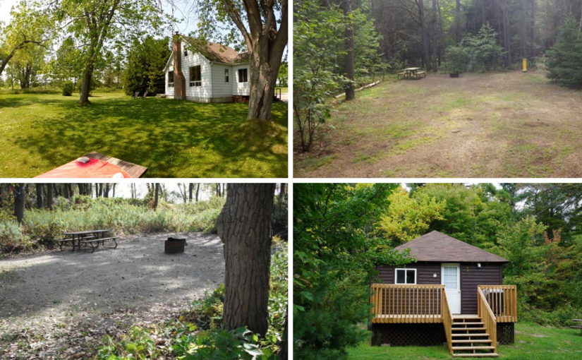 Four pics of cabins and campsites