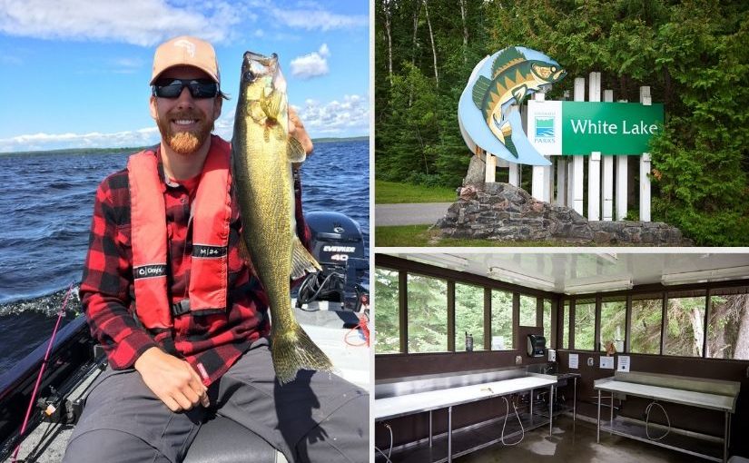 Image showing Mitch hold fish, white lake entrance sign, and the fish cleaning station.