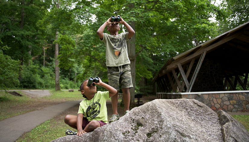 children looking through binoculars