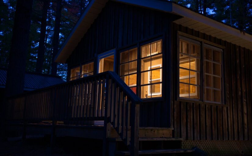 exterior of cabin at night
